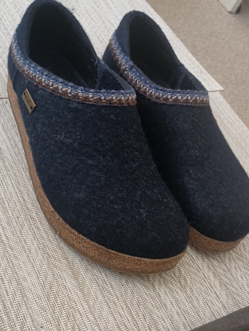 Halflinger Wool Navy Slip-On Clog with Brown Trim